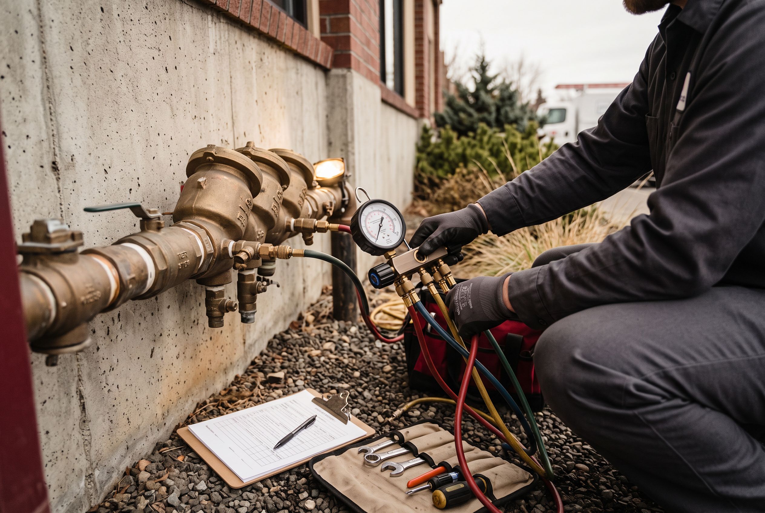 A certified plumber testing an outdoor backflow prevention assembly