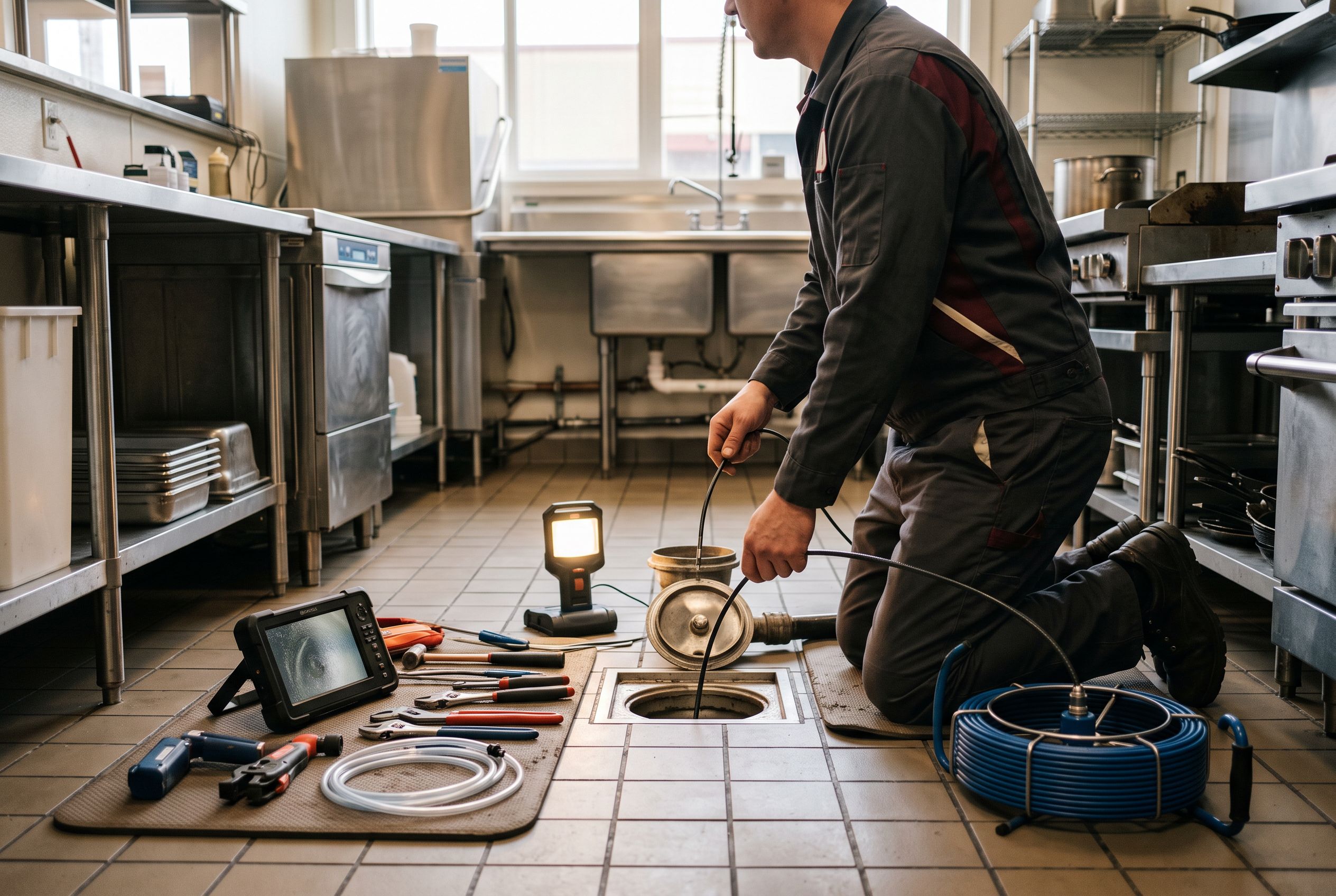 A plumber inspecting a commercial kitchen floor drain