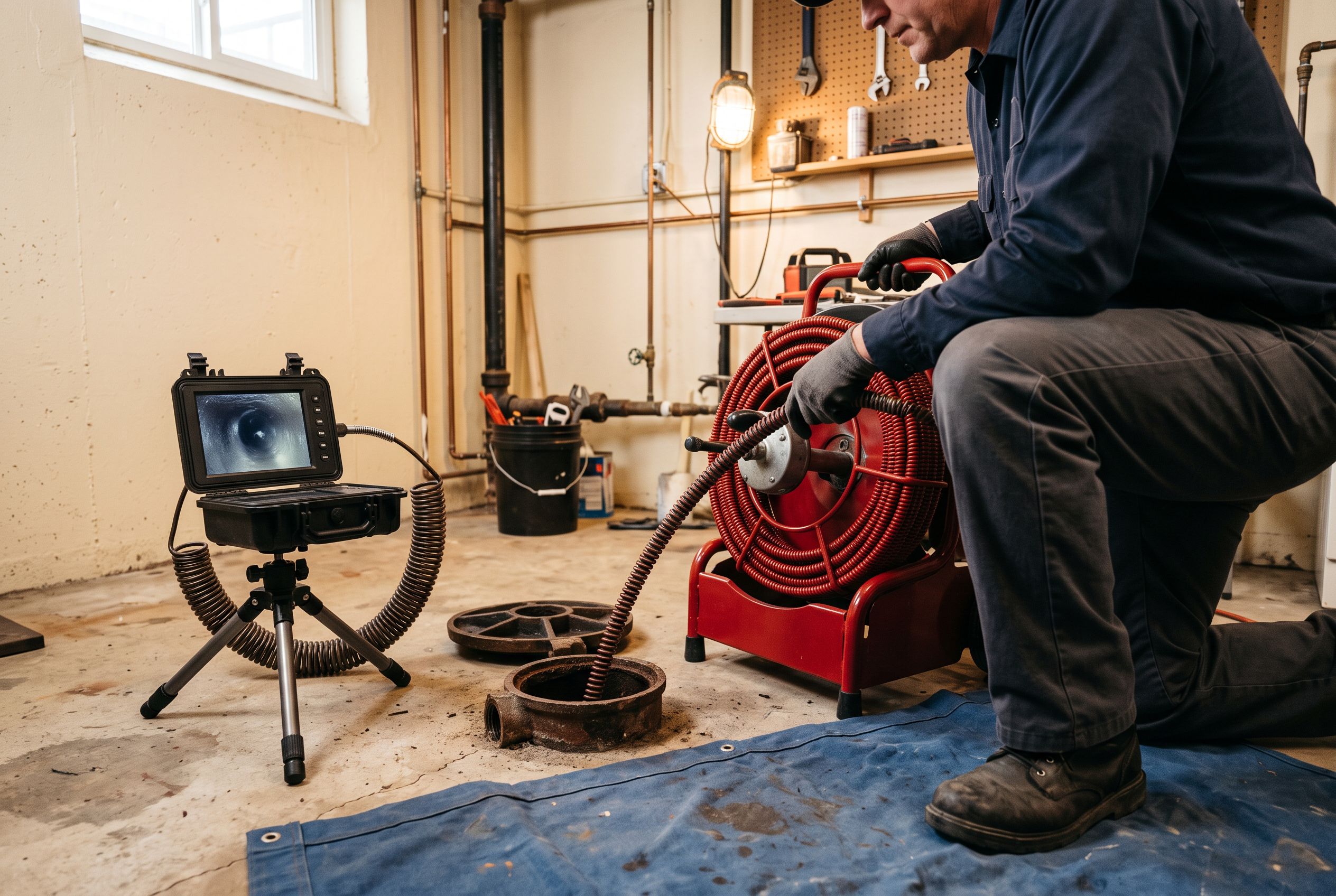 A plumber clearing a main drain with a cable machine and sewer camera