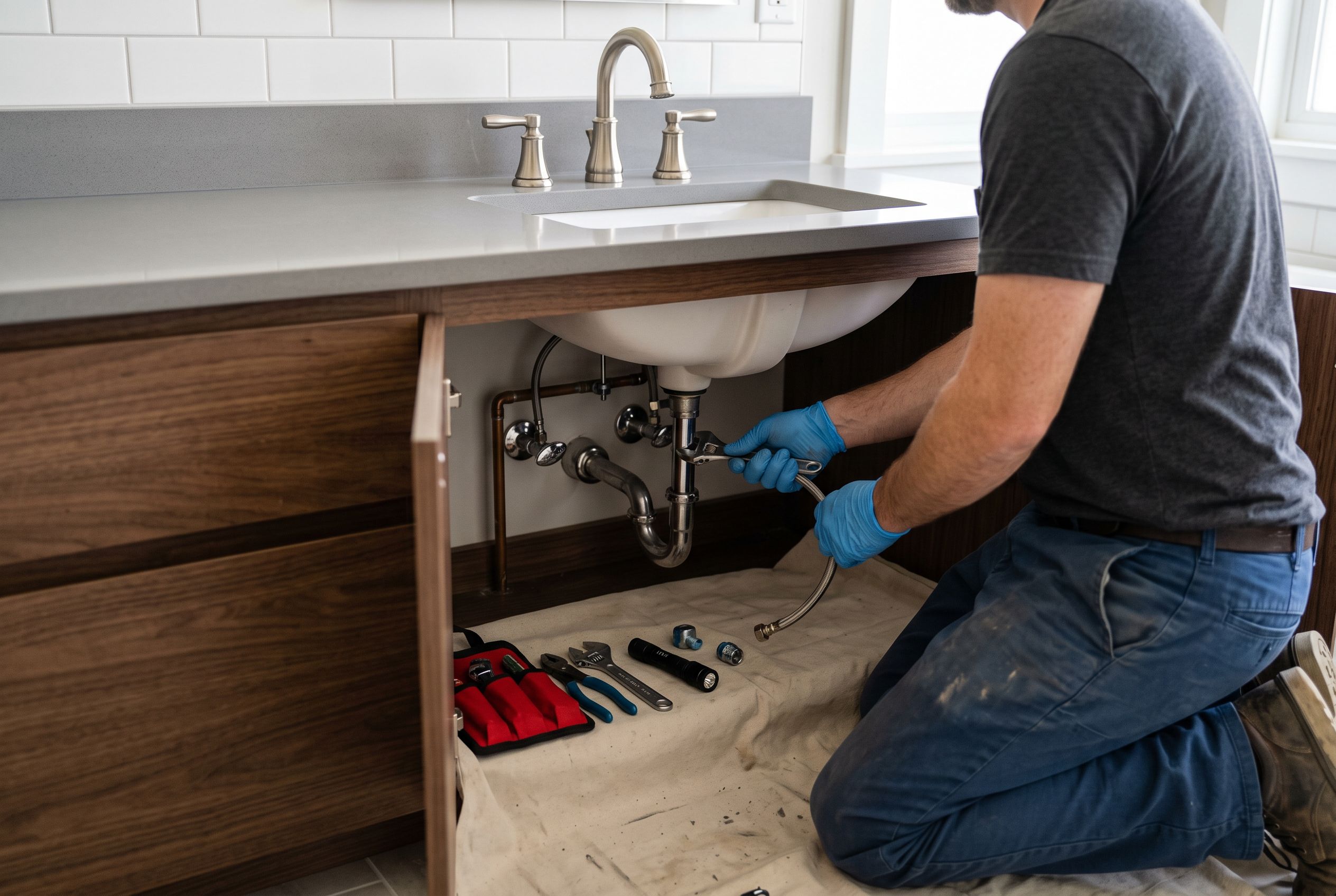 A plumber completing a bathroom faucet and shutoff-valve repair