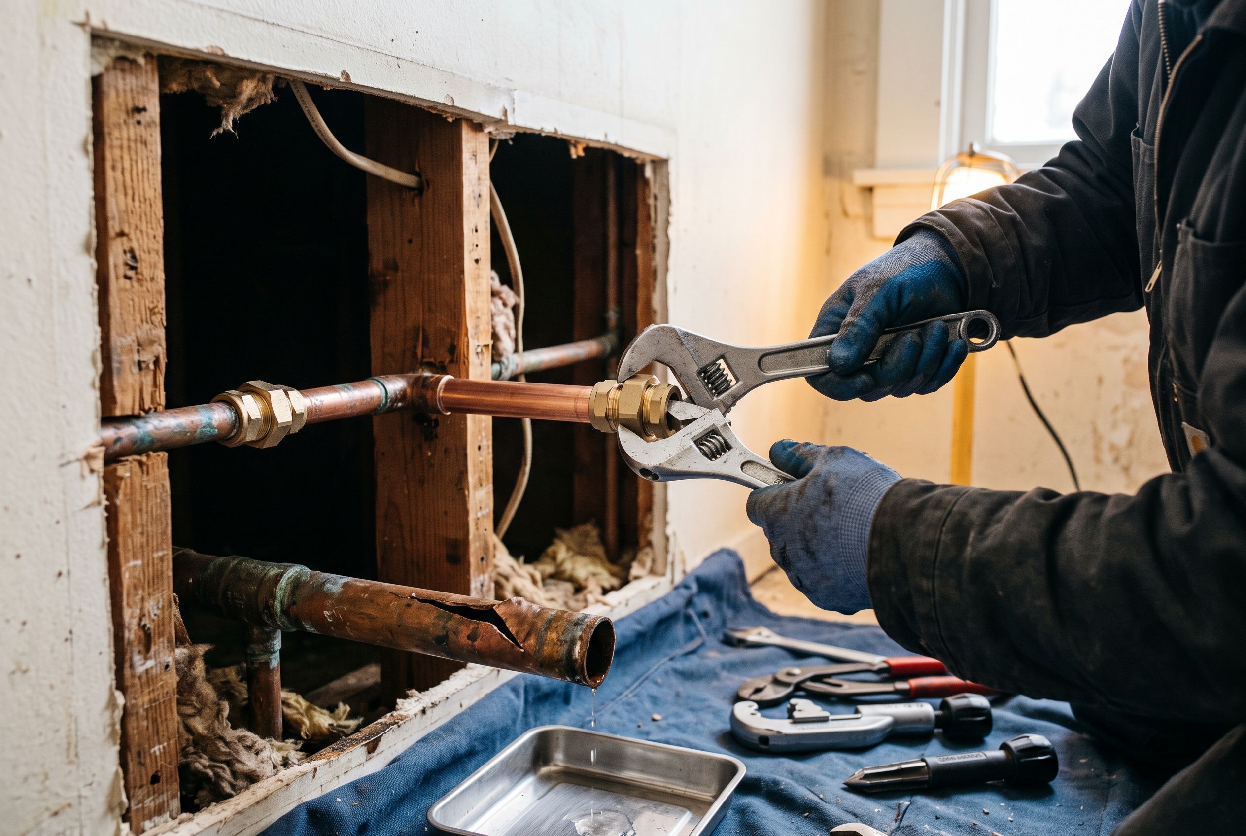 A plumber replacing a visibly cracked copper pipe with a brass repair union