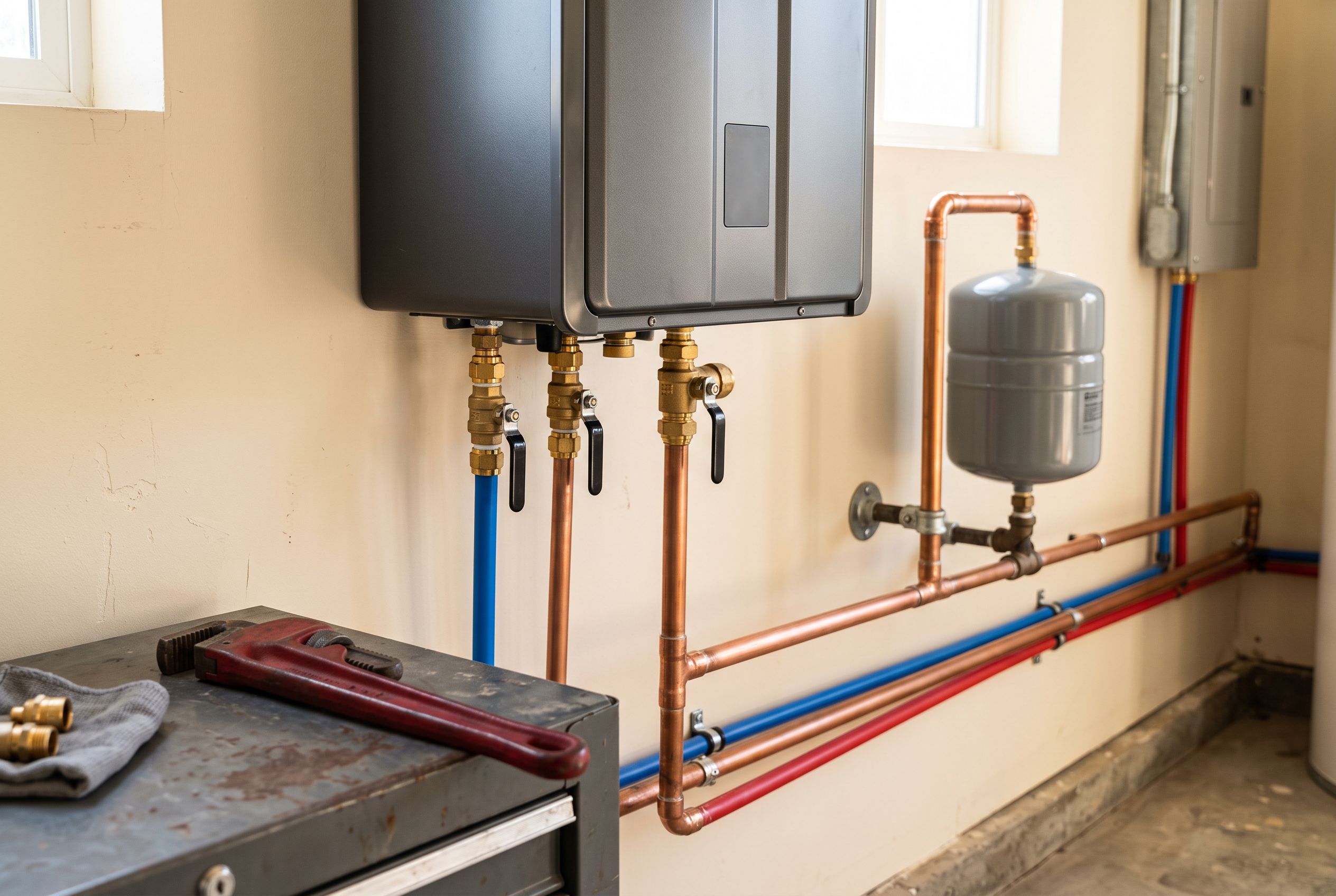 A completed modern tankless water heater installation